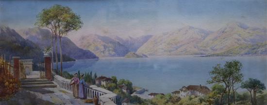 Claude Rowbotham (1864-1949), watercolour, Italian lake scene with figures on a terrace, signed and dated 1893, 20 x 48cm